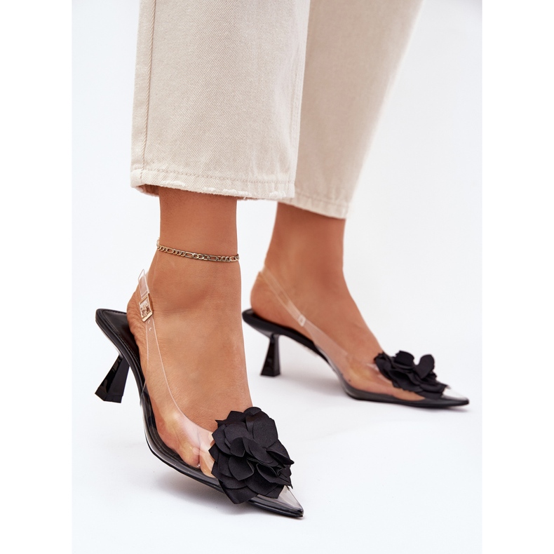 Transparent sandals on a high heel with a decorative flower black 2