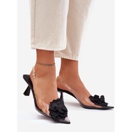 Transparent sandals on a high heel with a decorative flower black 1 Transparent sandals on a high heel with a decorative flower black 1