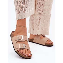 Women's flip flops on the cork platform beige buckles 2