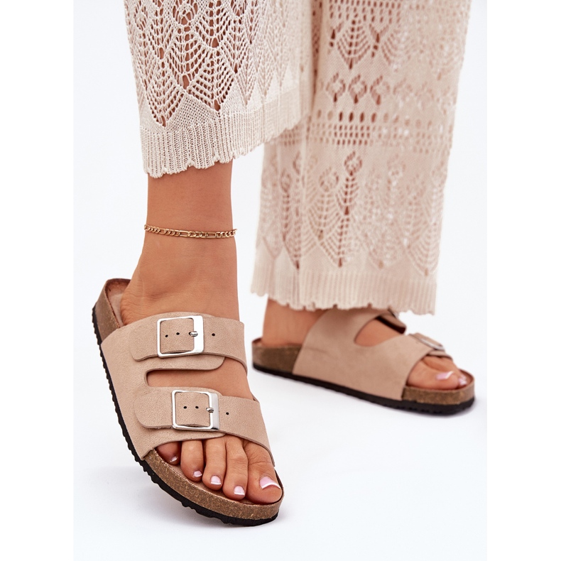 Women's flip flops on the cork platform beige buckles 2