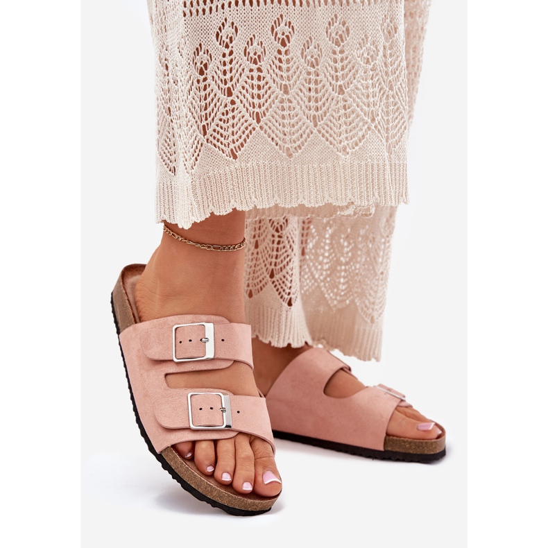 Women's flip flops on the cork platform pink buckles 1