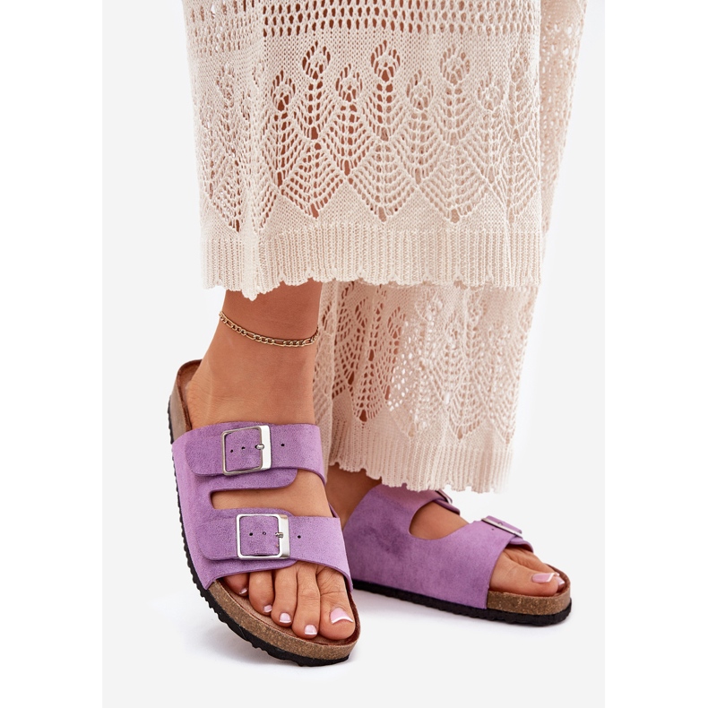 Women's flip flops on the cork platform purple buckles 1