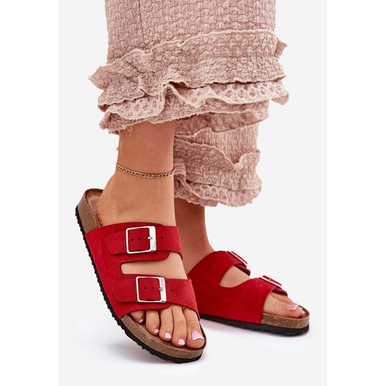 Women's flip flops on the cork platform red buckles 1