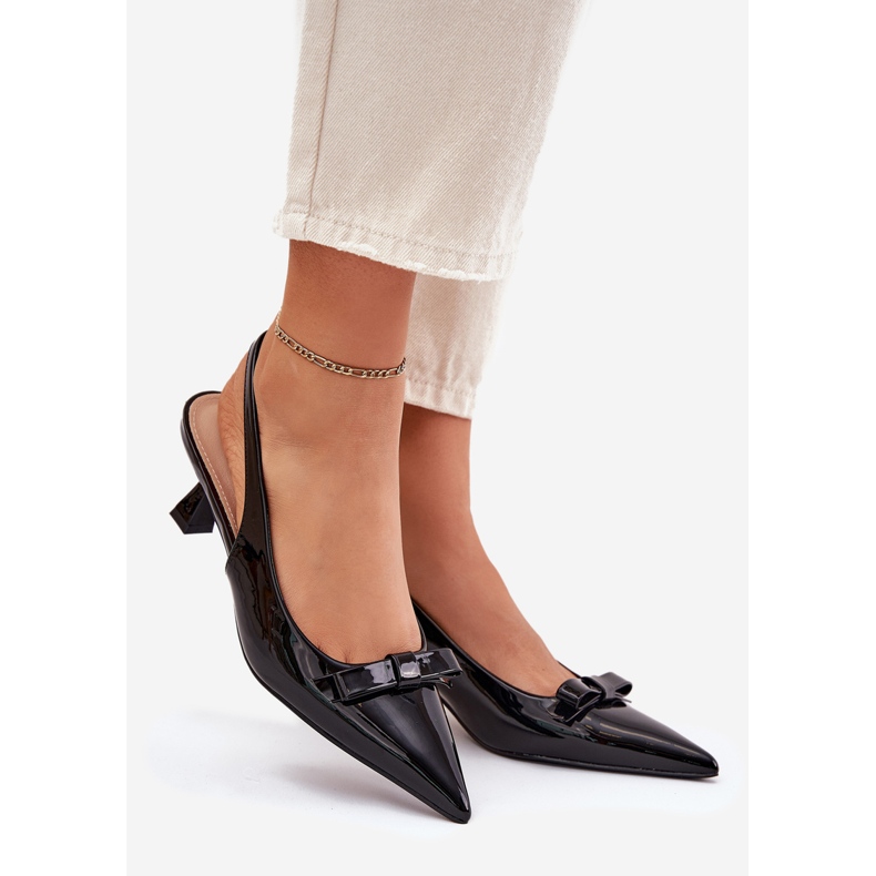 Painted sandals on a high heel with a black bow 1