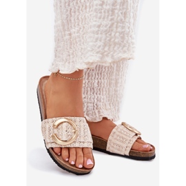 Women's flip flops on a cork platform with a golden clamp beige 1