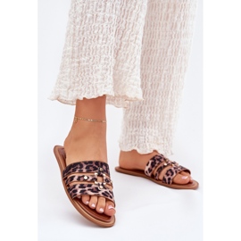 Flat women's flip flops with a golden detail leopard brown 2