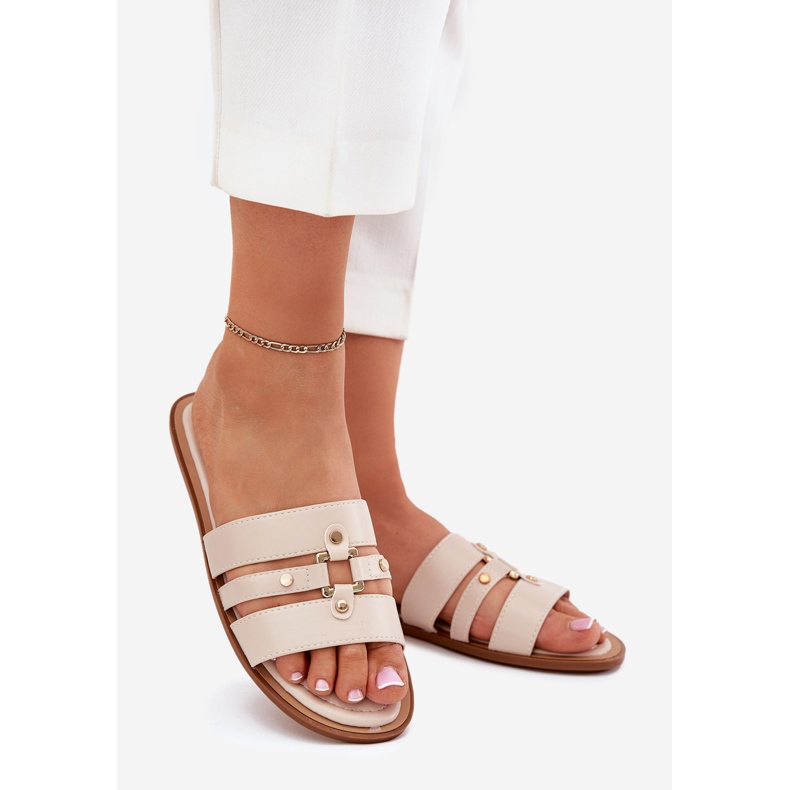 Flat women's flip flops with golden detail beige 1