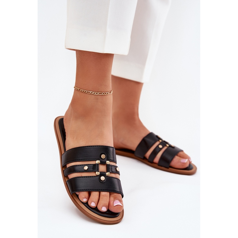 Flat women's flip flops with golden detail black 2