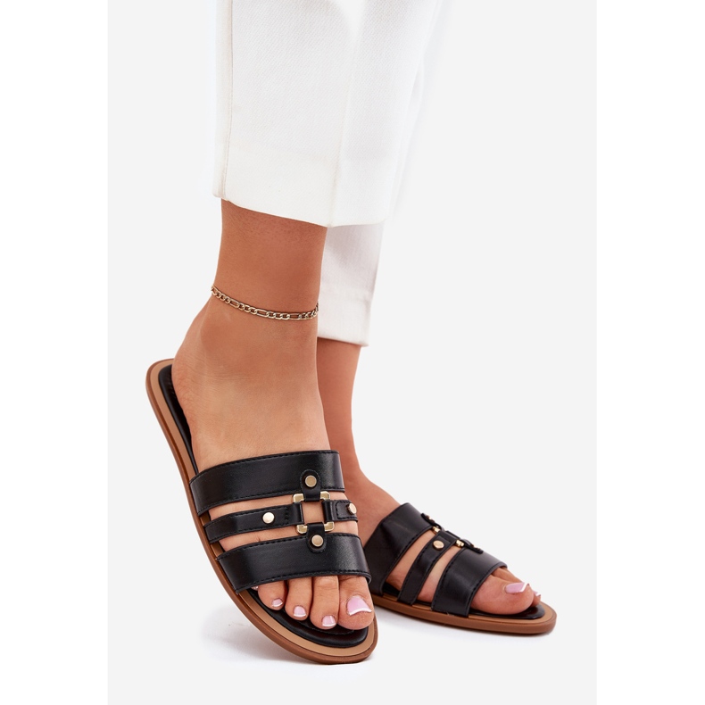 Flat women's flip flops with golden detail black 1