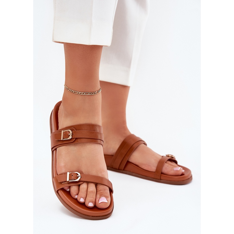 Women's slippers with camel buckles brown 2