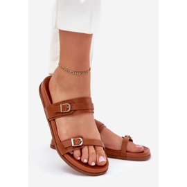 Women's slippers with camel buckles brown 1