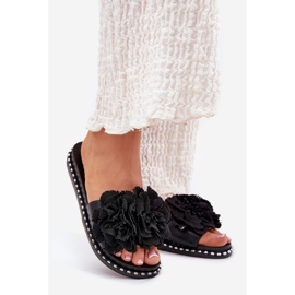 Women's flip flops with fabric flowers black 1