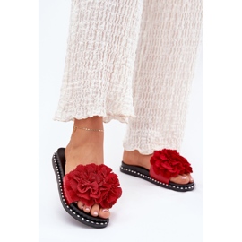 Women's flip flops with material flowers red 2
