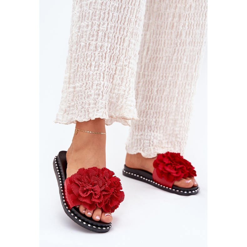 Women's flip flops with material flowers red 2