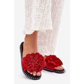 Women's flip flops with material flowers red 1
