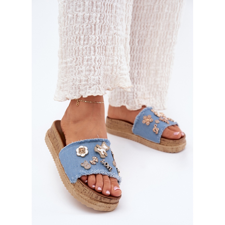 Women's slippers with golden pins on the blue platform 2