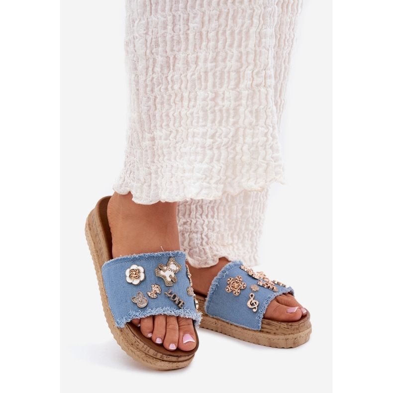 Women's slippers with golden pins on the blue platform 1