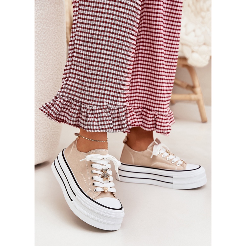 Women's sneakers on the platform with golden pins beige 2