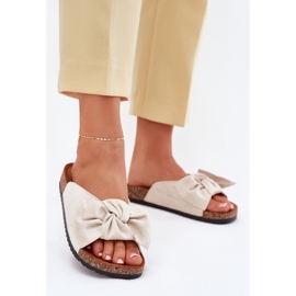 Women's flip flops on the cork sole with beige bow 2