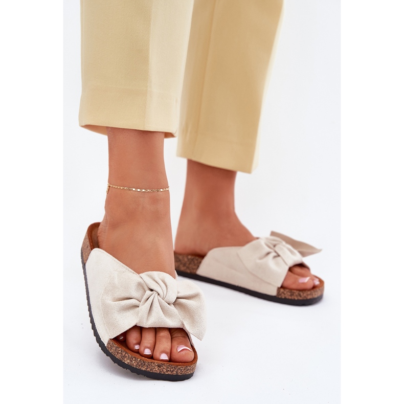 Women's flip flops on the cork sole with beige bow 2 Women's flip flops on the cork sole with beige bow 2