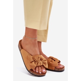 Women's slippers on a cork sole with a Camel bow brown 1