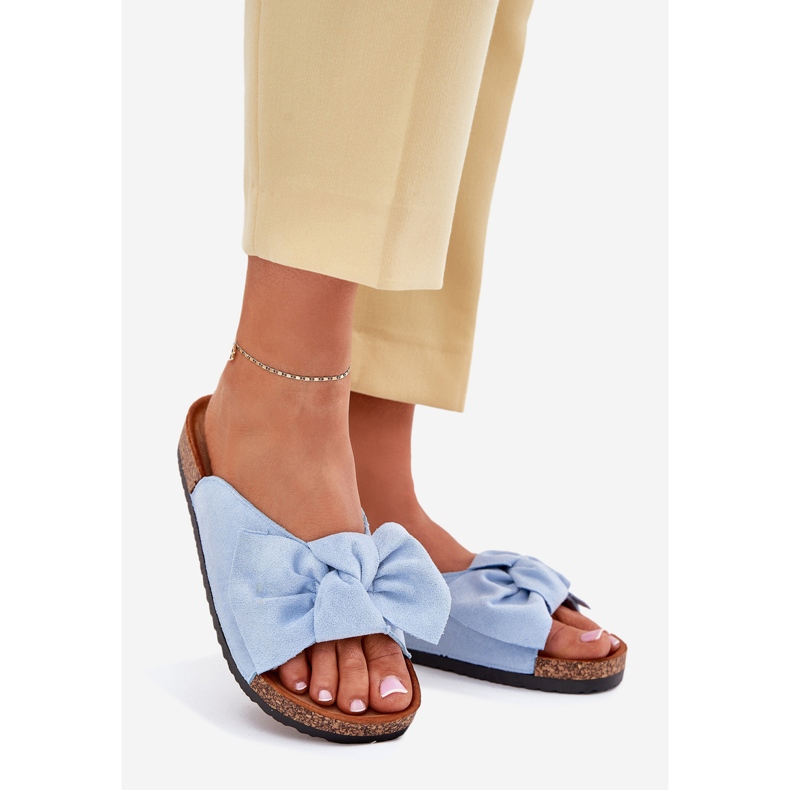 Women's flip flops on the cork sole with a blue bow 1 Women's flip flops on the cork sole with a blue bow 1