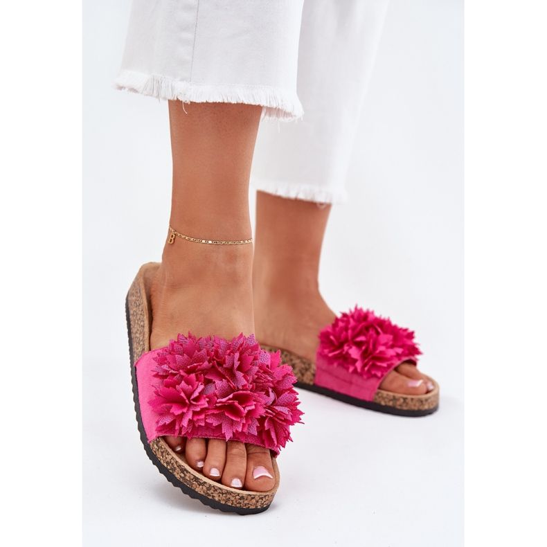 Women's flip flops on a cork sole with fuchsia flowers pink 2