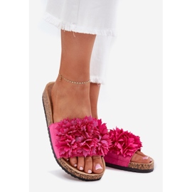Women's flip flops on a cork sole with fuchsia flowers pink 1