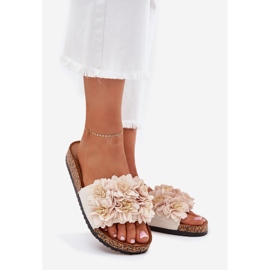 Women's flip flops on a cork sole with flowers beige 1