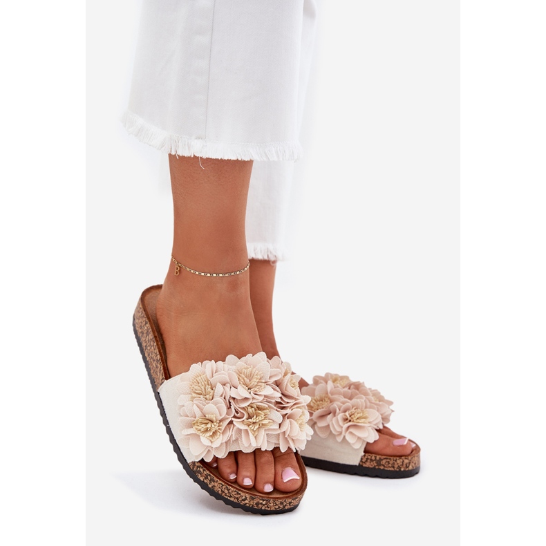 Women's flip flops on a cork sole with flowers beige 1