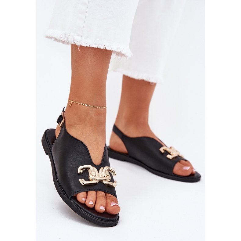 EVento Flat -heeled women's sandals with a golden decoration black 2 EVento Flat -heeled women's sandals with a golden decoration black 2