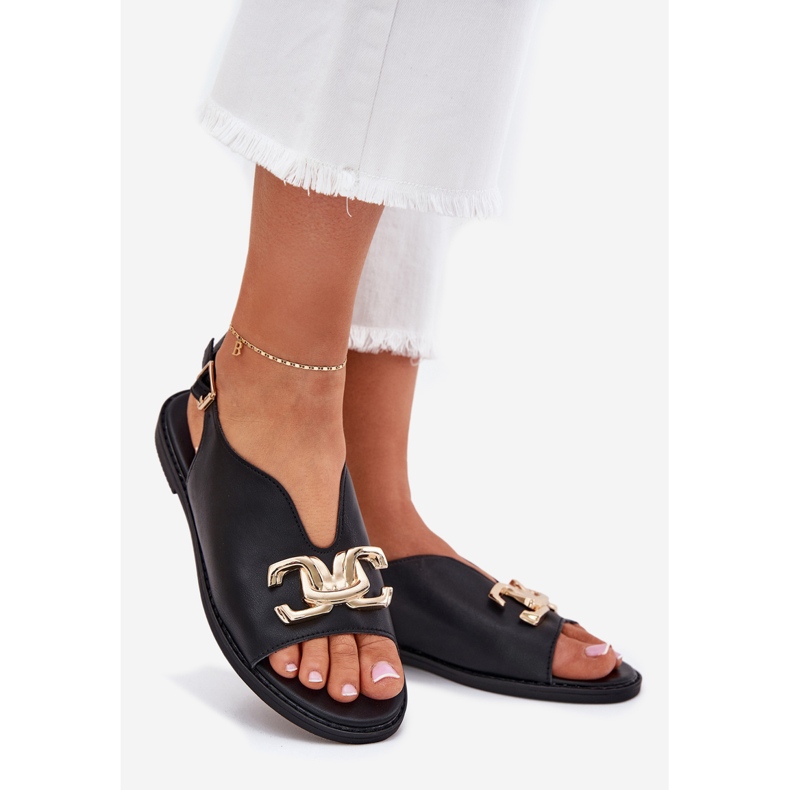 EVento Flat -heeled women's sandals with a golden decoration black 1 EVento Flat -heeled women's sandals with a golden decoration black 1