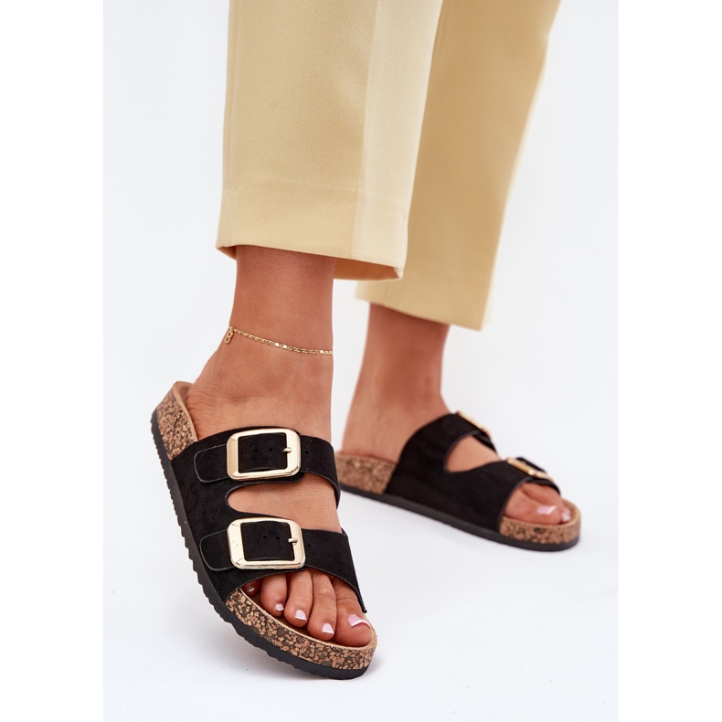Women's flip flops with eco suede golden buckles black buckles 2 Women's flip flops with eco suede golden buckles black buckles 2
