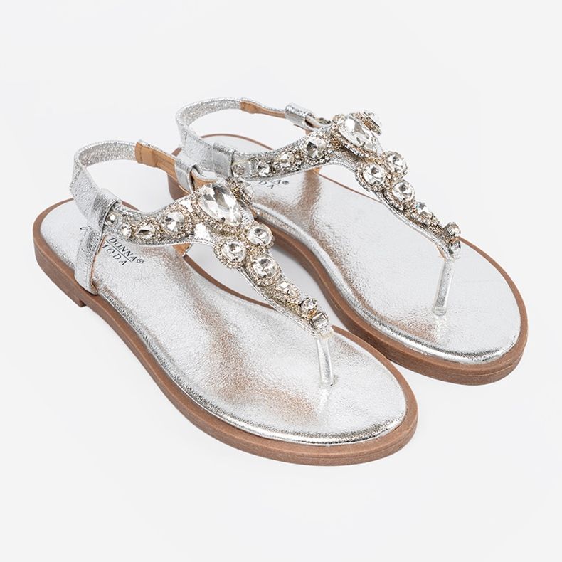 Shelvt Silver flat sandals with zircons 2