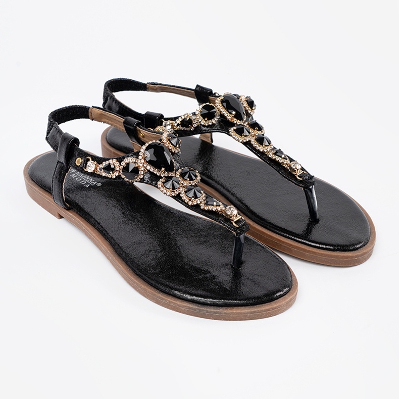 Shelvt Flat black sandals with zircons 2