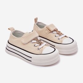 Girls' sneakers with a golden pin beige bear 1