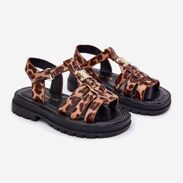 Girls' sandals with a decorative leopard detail brown 1