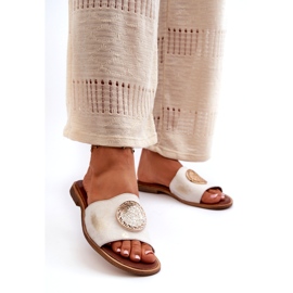Zazoo 2938 Leather Flip-Flops On a Flat Heel With a Gold Decoration, Brushed white 1