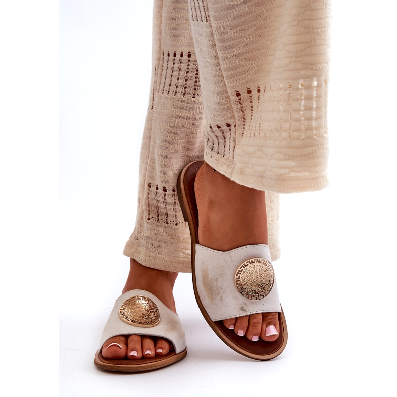 Zazoo 2938 Leather Flip-Flops On a Flat Heel With a Gold Decoration, Brushed white 2