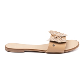 Shelvt Beige flip flops with a bow in the rhinestones 1