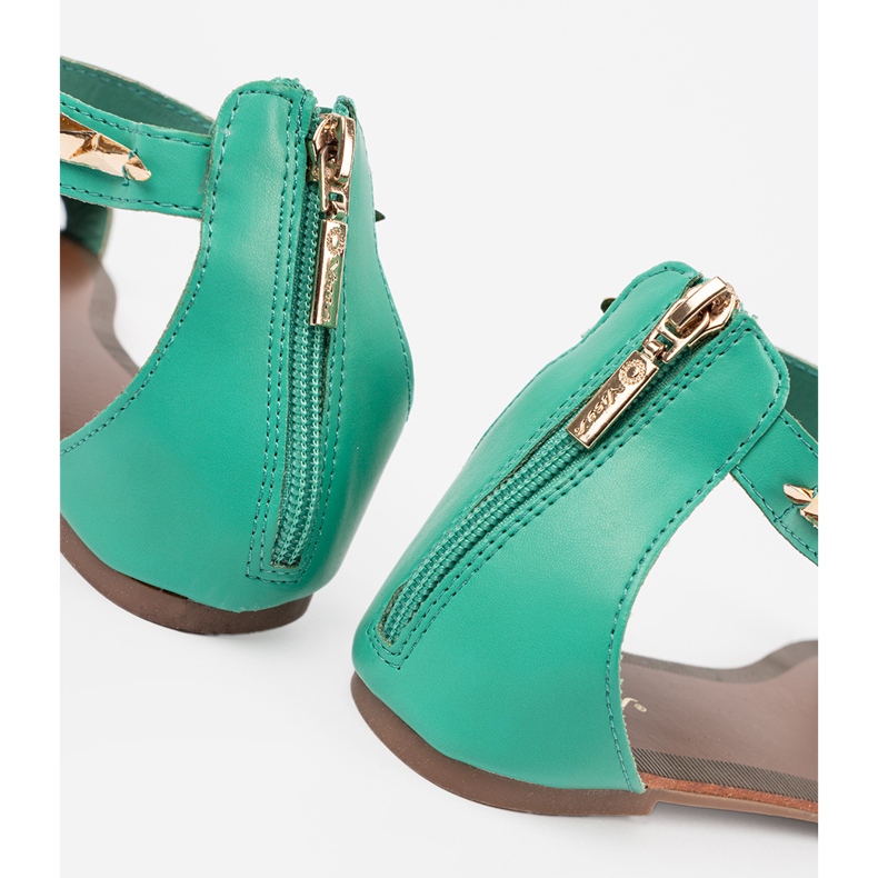 Green sandals with an ankle belt with a golden decoration 1