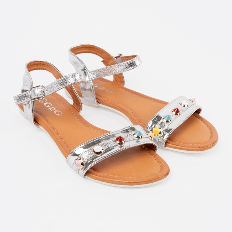 Silver flat sandals with colorful studs 1