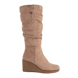 Suede beige women's boots in front of the knee 1