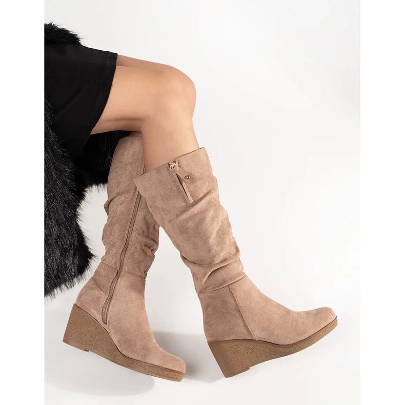 Suede beige women's boots in front of the knee 2