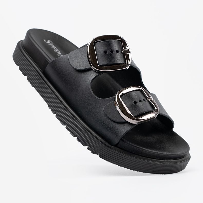 Seastar Black flip flops with silver buckles 1
