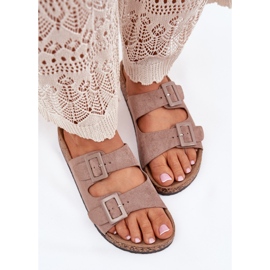 Women's slippers on a cork platform with dark -blue buckles beige 2