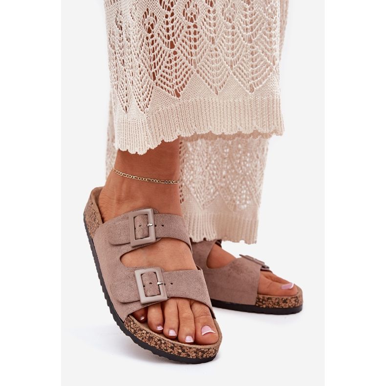 Women's slippers on a cork platform with dark -blue buckles beige 1