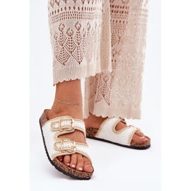 Crochet women's flip flops with golden buckles white buckles 2