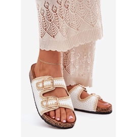 Crochet women's flip flops with golden buckles white buckles 1 Crochet women's flip flops with golden buckles white buckles 1