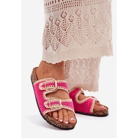 Crochet women's flip flops with golden buckles fuchsia pink 1